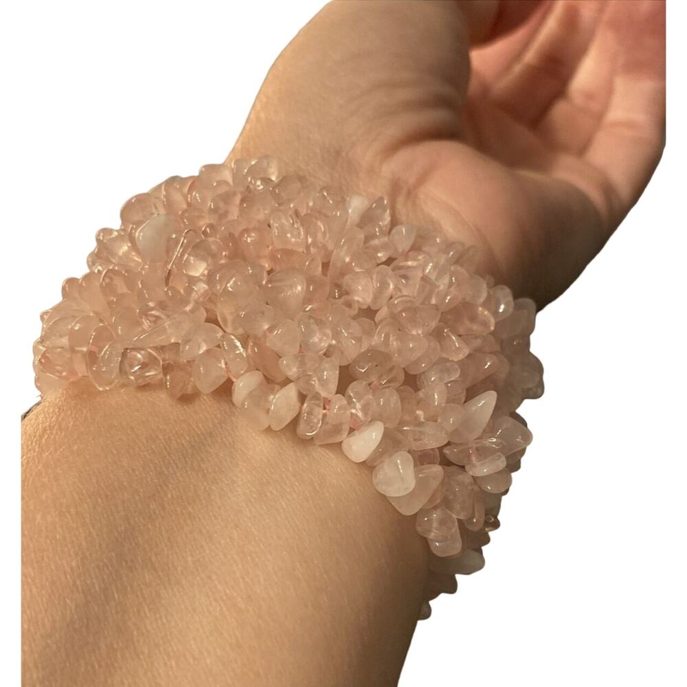 Polished Pink Rose Quartz Bracelet Stretch w/ 4-5mm nuggets & beads, 2 inch wide - Picture 4 of 5